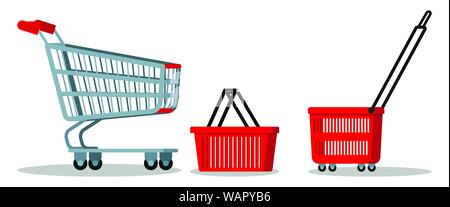 Empty supermarket chrome metal trolley cart with wheels, red plasyic shopping basket icon set Stock Vector