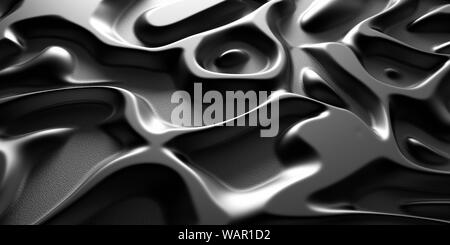 3d Visual arts background with Psychedelic Tribal Liquid Surface Black Metal Brushed Chrome texture. Close-up view Stock Photo