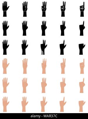 Hand gestures icons set in flat and glyph style. Palm and wrist. One, two, three, four, five fingers, count vector illustration on a white background Stock Vector
