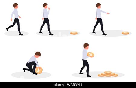 Man and gold dollar coins, character icon set in flat style, guy holds and stacks money vector illustration Stock Vector