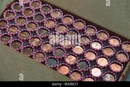 Middletown, CT / USA - July 22, 2019: 25 dollars worth of pennies in a box fresh from a bank Stock Photo