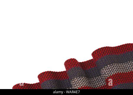 Red, gray and white striped scarf. The volume and texture of the threads can be clearly seen. Plenty of copy space. Stock Photo