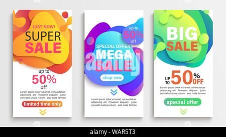 Set of liquid abstract sale banners. Discounts and promotions posters and flyers. Fluid gradient dynamic elements for advertise, mobile flash messages Stock Vector