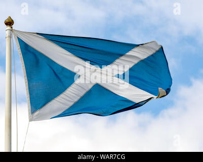 A Scottish Saltire flies in the wind at Flag Heritage Centre, Athelstaneford, birthplace of Scotlands Flag, East Lothian, Scotland, UK. Stock Photo