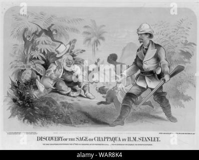 Discovery of the Sage of Chappaqua by H.M. Stanely Abstract: A caricature of Horace Greeley, commenting upon (or perhaps anticipating) his disappearance from public life after his defeat in the November 5 presidential election. Journalist Henry Morton Stanley, famous for finding David Livingstone in East Africa in 1871, here discovers Horace Greeley in a jungle. Stanley holds a rifle and is accompanied by an African youth guiding a dog. Greeley is shown embracing a pig, with a copy of the New York Tribune at his side. In a tree behind him a monkey plays with Greeley's trademark white hat, whil Stock Photo