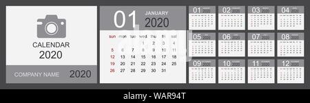 Calendar 2020 year. Simple Vector Template. Week Starts on Sunday. Vector illustration Stock Vector