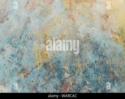 Paint drips and brush marks, Blue with green and yellow on Gray surface Stock Photo