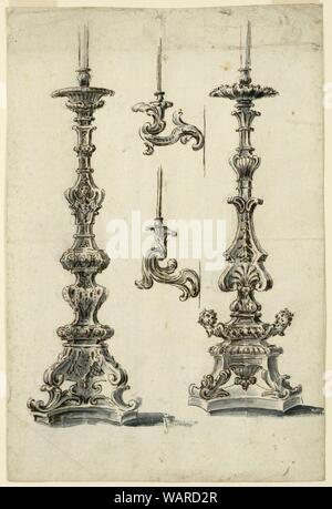 Designs for Altar Candlesticks and Candle Brackets, Pen and ink, brush ...