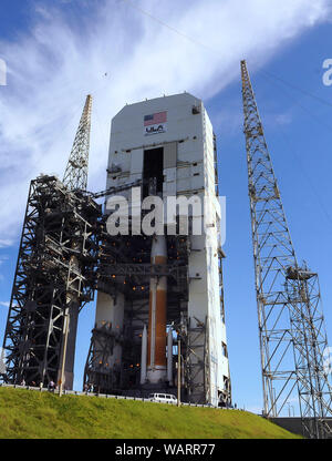 A United Launch Alliance Delta IV rocket stands at space launch complex 37 at Cape Canaveral Air Force Station in preparation for a scheduled launch at 9 a.m. ET, on August 22, 2019. The rocket will deliver the second GPS III Magellan spacecraft to a medium earth orbit for the U.S. Air Force. Stock Photo