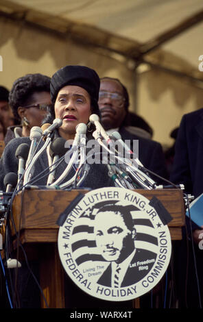 Dr. Martin Luther King, Jr.'s widow, Coretta Scott King, speaks at a 1988 event in which a time capsule holding some of Dr. King's possessions is lowered into the ground at Freedom Plaza on Pennsylvania Avenue, Washington, D.C Stock Photo