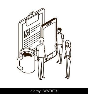 group of people with smartphone screen and sheets of paper Stock Vector