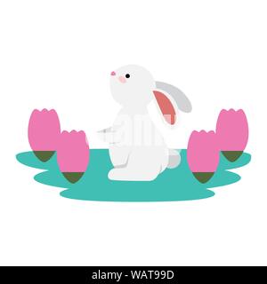 cute and little rabbit in roses garden scene Stock Vector