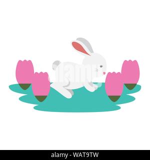 cute and little rabbit in roses garden scene Stock Vector