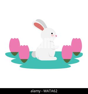 cute and little rabbit in roses garden scene Stock Vector