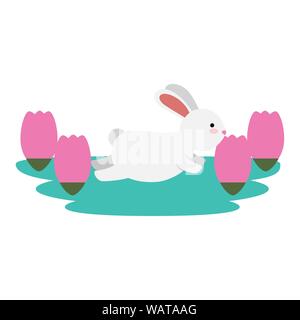 cute and little rabbit in roses garden scene Stock Vector