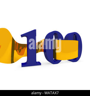 Big blue 100 with a golden ribbon, 3d rendering Stock Photo