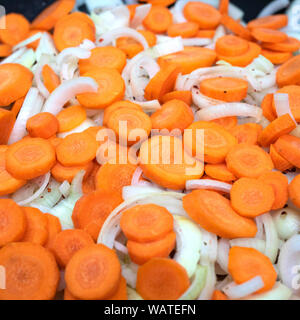 Sliced raw onions and carrots close-up. sliced in circles or rings Stock Photo