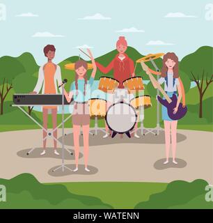 group of women playing instruments in the camp Stock Vector
