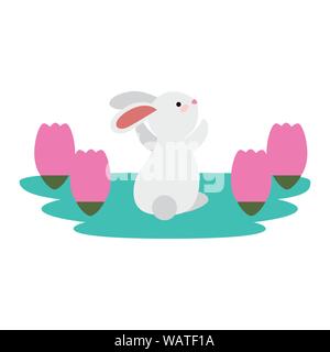 cute and little rabbit in roses garden scene Stock Vector