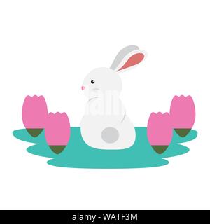 cute and little rabbit in roses garden scene Stock Vector