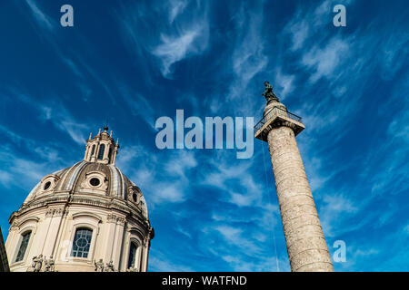 Trajan's Column (Colonna Traiana) in Rome, Italy and Chiesa del Santissimo Nome di Maria Stock Photo