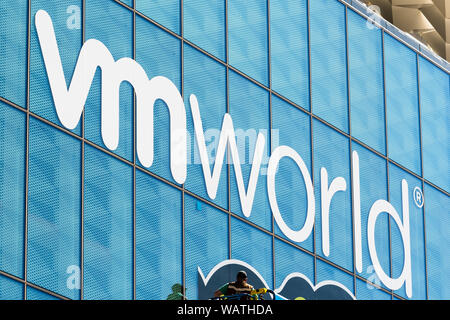 August 21, 2019 San Francisco / CA / USA - Close up of VMworld sign displayed on the Moscone Center facade; VMworld is a global conference for virtual Stock Photo