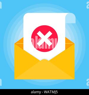 Open envelope with document paper sheet page check mark cross X icon sign vector illustration. Symbol of email confirmation, no delivery, verification Stock Vector