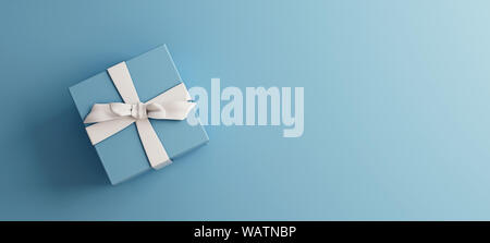 Mock-up poster, baby blue gift box with white bow on light blue background, 3D Render, 3D Illustration Stock Photo