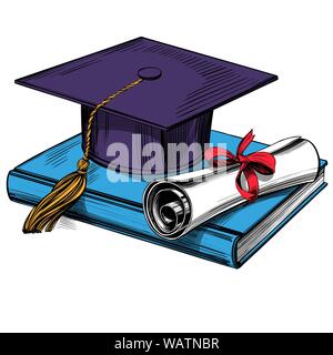 graduate cap and diploma, education vintage set hand drawn vector illustration realistic sketch Stock Vector