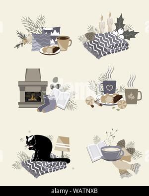 Cute vector illustration of autumn and winter hygge elements compositions isolated on white background Stock Vector