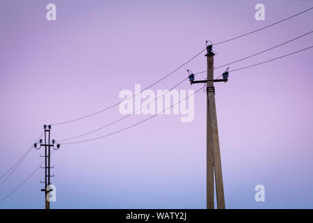 Old concrete electricity poles in the village at twilight. Rustic phone poles with high voltage cables and colourful dawn sky background Stock Photo