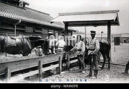 [ 1910s Japan - Japanese Cavalry ] —   Japanese cavalry at base, watering the horses.  20th century vintage postcard. Stock Photo