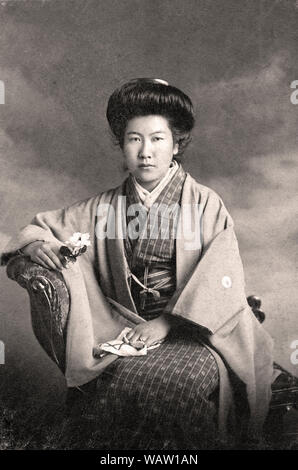 [ 1900s Japan - Japanese Woman in Kimono ] —   Young Japanese woman in kimono.  20th century vintage gelatin silver print. Stock Photo