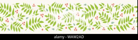 Leaves and berries seamless border pattern. A nature vector repeat ideal for banners and edging. Stock Vector