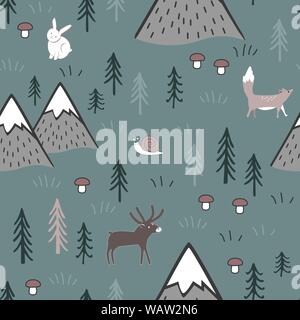 Scandinavian cartoon seamless pattern with animals, trees, mushrooms, and mountains. Cute background for kids, fabric, clothes design, bed linen Stock Vector