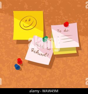 Sticky notes and papers on corkboard, showing messages related to going back to school. Stock Vector