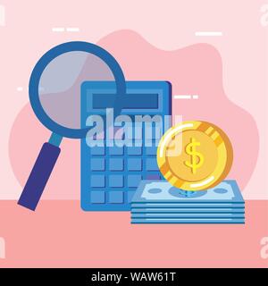 calculator math with magnifying glass and money Stock Vector