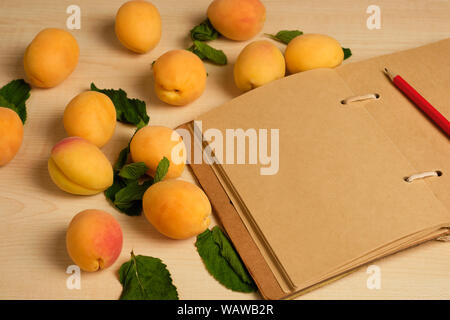 An open notebook with a red pencil in the middle and apricots lie on a wooden table Stock Photo