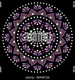 Mandala dot painting vector design, Aboriginal dot art style, Australian folk art boho style in pink and purple Stock Vector