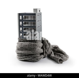 house insulation concept - apartment building with scarf isolated on white background Stock Photo
