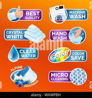 All washing clothes stickers set - micro cleaning, clear water, best quality, crystal white, alpine freshness, color, machine and hand wash Clean Stock Vector