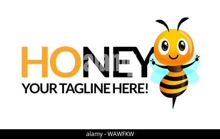 Cartoon cute bee spread hands with big signage or signboard - vector character Stock Vector
