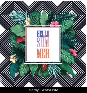 Green summer with tropical leaves and flowers on pattern striped background Stock Vector