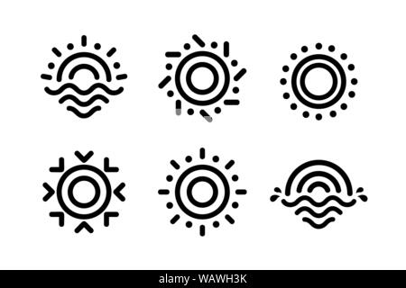 Abstract linear Sun icons set. Unusual outline drawing shape for solar energy business. Black line style logo template. Vector emblems template on Stock Vector