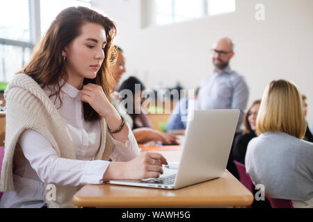 Beautiful girl using laptop in an auditorium. Stock Photo