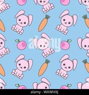 Cute seamless pattern with cartoon funny rabbits. Childish background. Pattern with doodle. Vector kawaii illustration. Stock Vector