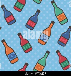 Seamless pattern with wine bottles on polka dot background. Design for wallpaper, gift paper, pattern fills, web page background, greeting cards. Stock Vector