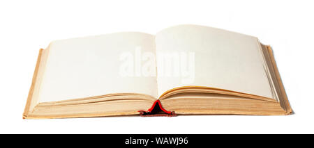 Old open book isolated on white background. Stock Photo