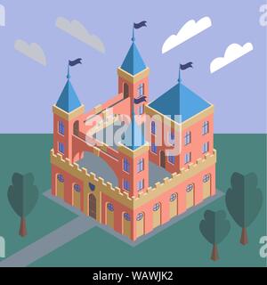 Illustration of a fairytale medieval castle against a summer landscape. Vector EPS10 Stock Vector