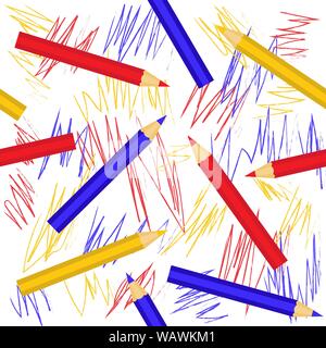 Seamless geometric pattern with colorful pencils in flat style. Vector EPS10. Clipping mask applied Stock Vector